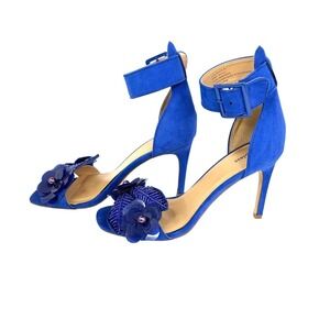 B Bass Blue / Nude Leather Open Toe Heels Pumps Shoes Size 8M